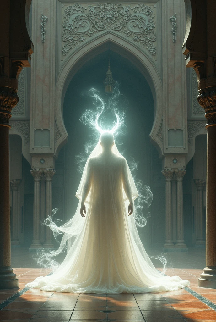 
An ethereal scene capturing big arabian jin vanishing into swirling mist and light, leaving behind a sense of magic and fulfillment in an ancient city
