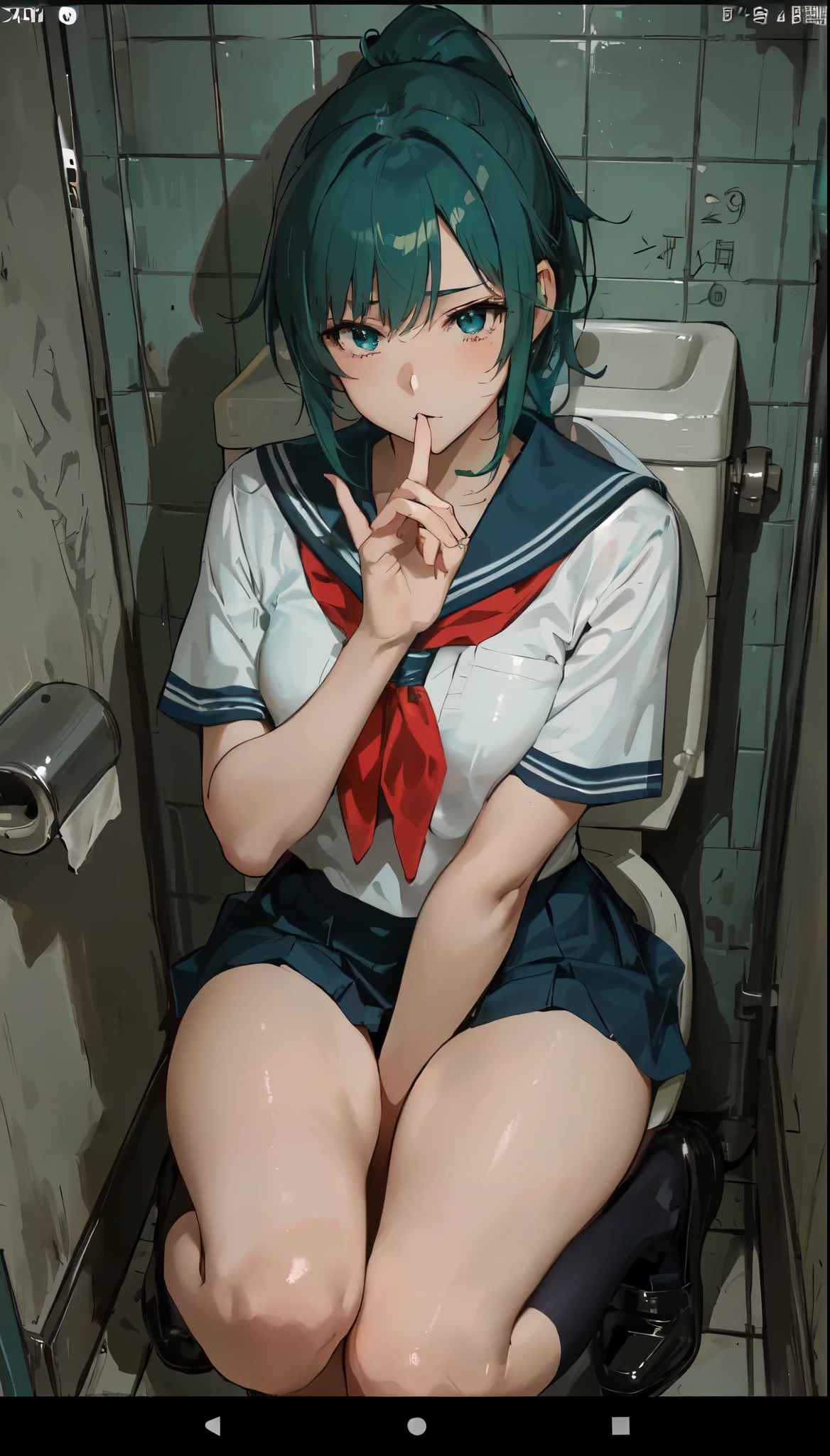Ponytail Girl、anime girl sitting on toilet, The anime girl was crouching and、with blond hair and black stockings, Seductive Anime Girls, clean detailed anime art, Inspired by Cheng Yanjin. 4k yen, beautiful anime girl is crouching, Gwyds, fleet style, Anime Vibe, Mikudayo, artwork in the style of Gwyds, surreal high school girl