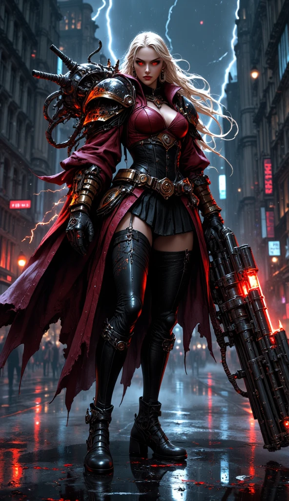 arafed woman in a red dress and black boots walking in the rain, cyberpunk femme fatale, cyberpunk angry gorgeous goddess, seductive cyberpunk dark fantasy, cyberpunk judy alvarez, stylized urban fantasy artwork, cyberpunk 2 0 y. o model girl, urban fantasy style, trending on artstation 4k, in a cyberpunk setting, trending on artstation hd