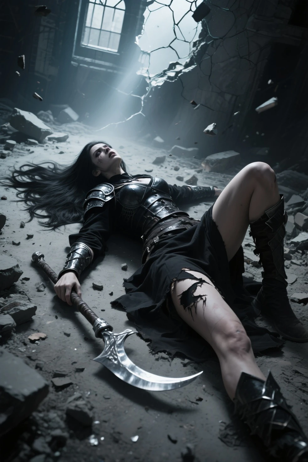 Surreal vertical image of a hunter in the air surrounded by still debris, The feeling of wielding a sword to destroy evil spirits and rise to the sky, She looks upwards, defeats and hits demons, and ascends while slashing demons with a sword with elegant martial arts movements.. The shattering objects stop around her, Time-frozen water droplets and collapsed ruins as her body twists with momentum , Long black hair is fixed with a hairpin on one side. Her body twists with exercise, A traditional Korean sword that swings in full swing and a Hanbok gown that drags back like a ribbon, The thin white hanbok gown is embroidered with traditional Korean patterns in gold on a white background., The end of Hanbok in the shape of a very thin gown is flowing like smoke, Pus from the bottom of the Hanbok top flutters for a long time, A red pacifier decoration flowing down her waist for a long time, One side of her thin Hanbok waist is swaying with a medal containing the soul of an evil spirit., A stream of light from the sky shining on her, Sweat on her innocent and elegant skin shines in the still light, Nightmare figures frozen in terror , Evil spirits with frightened expressions. Cinematic lighting from multiple soft light sources , Dynamic stillness and spatial depth emphasized 