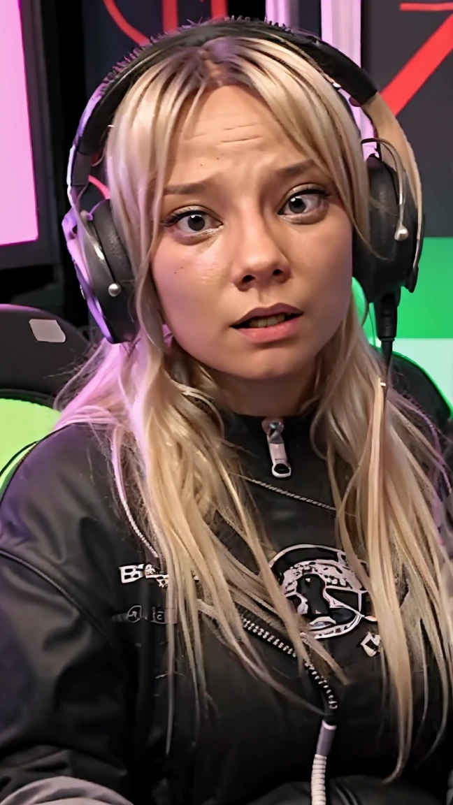 Baghera, blonde hair, nude, on all fours, , , on a gaming event stage, gaming headset,, from above, looking at the camera, ,