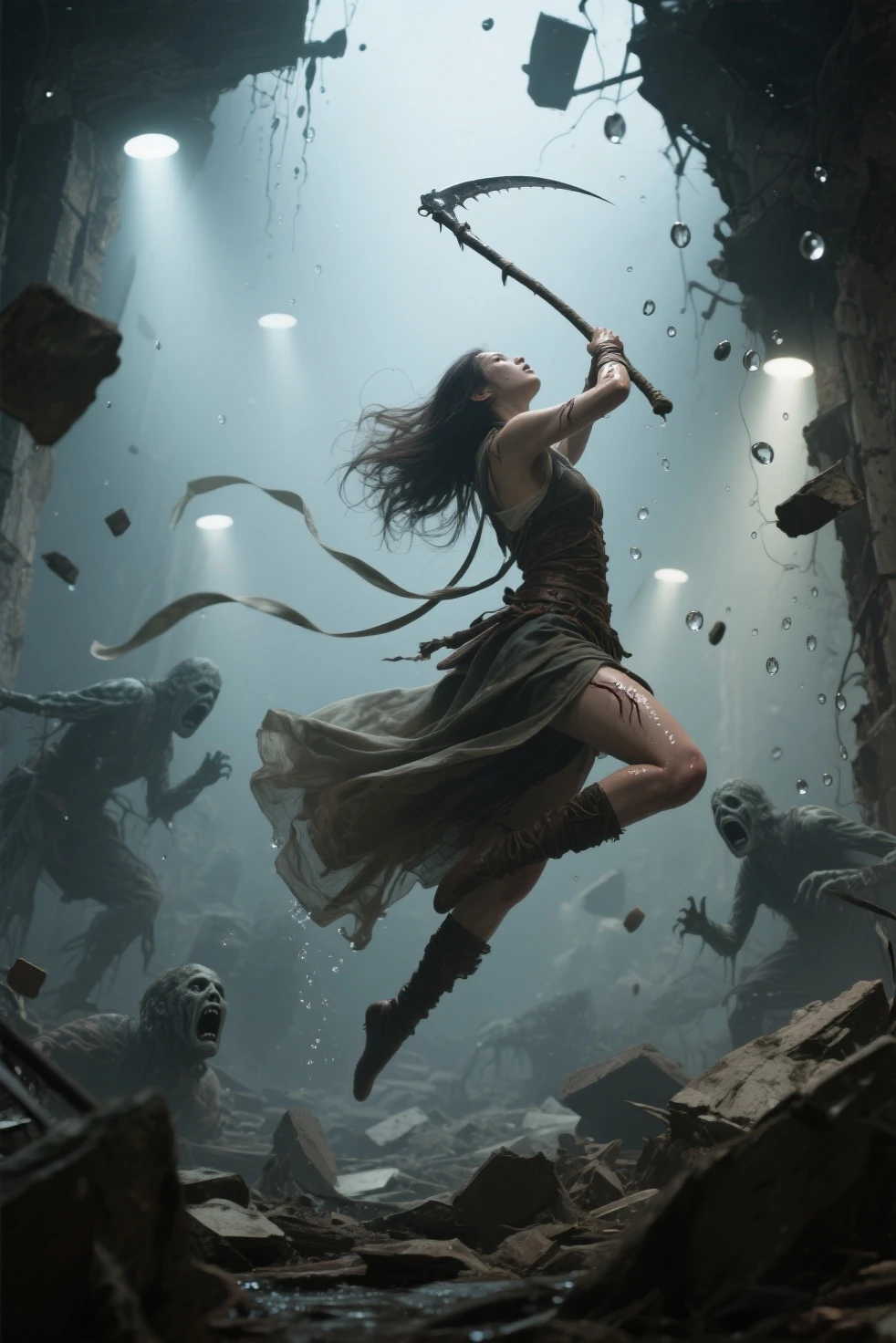 Surreal vertical image of a hunter in the air surrounded by still debris, The feeling of wielding a sword to destroy evil spirits and rise to the sky, She looks upwards, defeats and hits demons, and ascends while slashing demons with a sword with elegant martial arts movements.. The shattering objects stop around her, Time-frozen water droplets and collapsed ruins as her body twists with momentum , Long black hair is fixed with a hairpin on one side. Her body twists with exercise, A traditional Korean sword that swings in full swing and a Hanbok gown that drags back like a ribbon, The thin white hanbok gown is embroidered with traditional Korean patterns in gold on a white background., The end of Hanbok in the shape of a very thin gown is flowing like smoke, Pus from the bottom of the Hanbok top flutters for a long time, A red pacifier decoration flowing down her waist for a long time, One side of her thin Hanbok waist is swaying with a medal containing the soul of an evil spirit., A stream of light from the sky shining on her, Sweat on her innocent and elegant skin shines in the still light, Nightmare figures frozen in terror , Evil spirits with frightened expressions. Cinematic lighting from multiple soft light sources , Dynamic stillness and spatial depth emphasized 