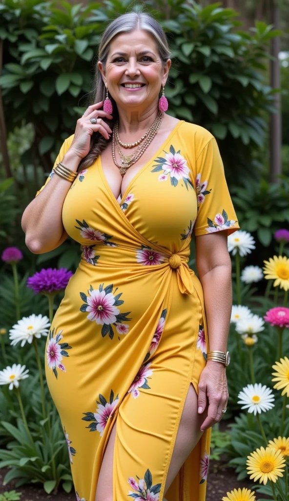 Sri lankan aunty 45 years old curvy body sexy figure fat hairbun wearing flower pattern tight long dress at apple gardern plucking apples