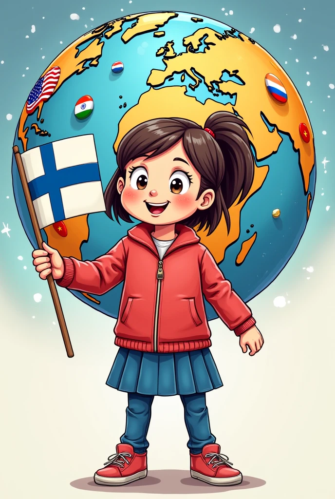 Child girl WITH STRAIGHT RED HAIR, RED BACKGROUND, a dance club globe in her hands.