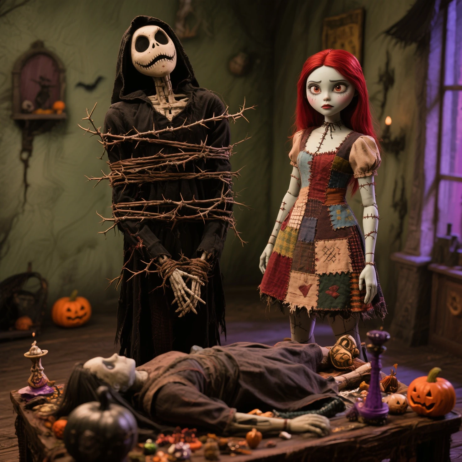 Chucky and Tiffany adult dolls with knife in hand dark style