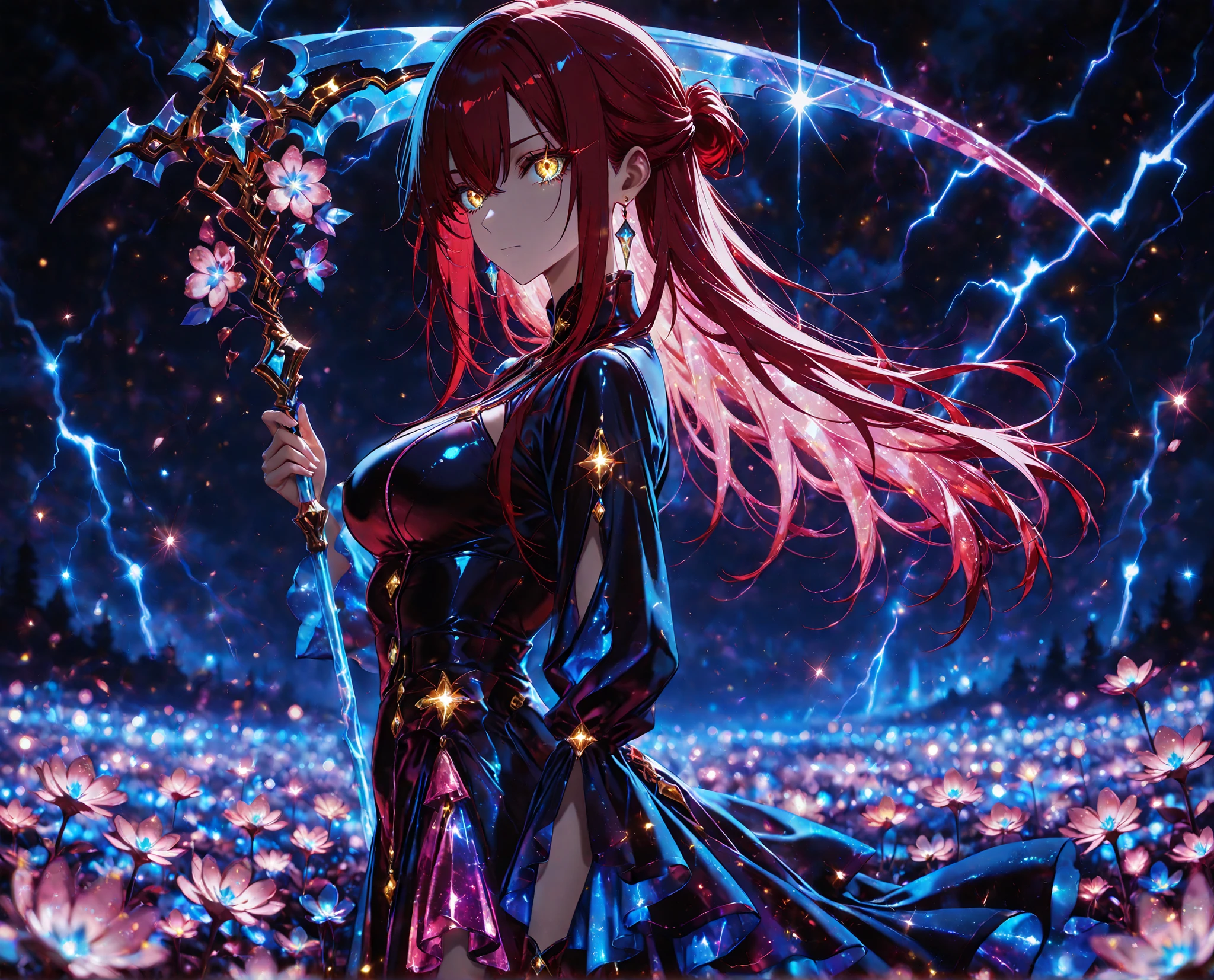 1 girl , golden eyes , very long hair , long sidelocks, red hair ,half updo, petite , very cute , beautiful ,Straight hair, cool, handsome, hair between eyes, sexy, medium breasts, flowery hair, holding a large Scythe, standing next to neon flower, solo, dress with pink tulle skirt, neon flower, holding, blue flower, night, black dress with wide pink tulle, from side, looking at flower,
,glowneon, glowing, sparks, lightning,crystal,(Depth of field,HD eyes:1.2,cinematic lighting),(masterpiece),(best quality),(aesthetic,intricate),(glowing eyes),(character detailed),(flying embers),(glowing particles),(glowing elements),(glitter fabric),(glittering particles),(HDR),(Sharp focus),16k,Luxurious clothes, beautiful jewelry, sophisticated look, soft light, shine, more prism, vibrant color, more_prism background,hazy lights, misty landscape, foggy atmosphere, subdued lighting, blurred figures, dark background,neon art, neon lineart, colorful neon lineart, neon silhouette, silhouette, neon colors, glowing, glow effect, bright outlines, vibrant colors, high contrast, dark background, digital art