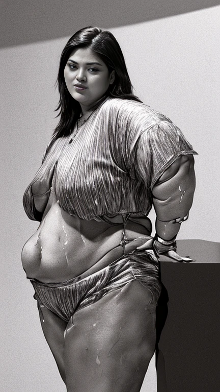 il y a une femme en chemise blanche et culotte noire qui pose, she has a round and big belly, thick, bbwchan, her belly is big and round, sultry body with sexy belly, attractive plus size model, her navel is exposed, hyperrealistic complete figure, corps thick, large stomach, curved model