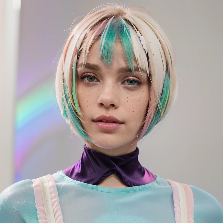 (modern art, masterpiece, best quality, hyper realistic, raw photo, ultra detailed, extremely detailed, intricately detailed), (photorealistic:1.4), fashion photography of a stunningly beautiful women, (crazy alternate hairstyle:1.4), a unique form reminiscent of something from a sci-fi movie, <lora:hair_style:0.95>, beautiful and breathtaking hairstyle, pinterest hairstyles, hairstyle inspired by Maria Kreyn and  Vivienne Westwood, sidecut, blunt ends, quad tails hair, rainbow hair, stunning intricate full color, (intricate detailed hair:1.4), kaleidoscope, irresistibly tempting, understated appeal, striking juxtapositions, evocative hues, vivid illumination, creative refinement, striking juxtapositions, evocative hues, captivating coloration, pure, Innocent, aesthetic, romanticism, fairy, idol, beautiful detailed face, small face, artistic, perfect anatomy, goddess, calm, composed, like a cat, highly detailed Tapered trousers, t-shirt, and mules. designed by Matthew Williamson and Andrew Christian and Ric Nagualero, layered, textural, face focus, depth of field, symmetrical, golden ratio, 8k resolution, octane render, extremely high-resolution details, realism pushed to extreme, fine texture, incredibly lifelike, (soft window natural lighting:1.4), dynamic angle, film grain, FujiFilm XT4, taken by Helena Christensen, wakame,