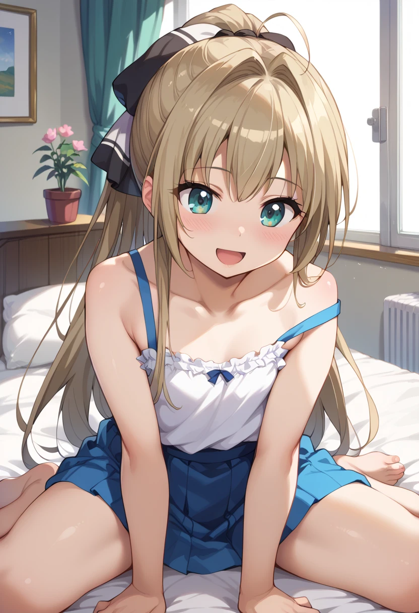 Blonde, elementary school student, green eyes, long hair to the waist, elementary school student, kind smile, short, 9 years old, 135cm tall, Lingerie Set
