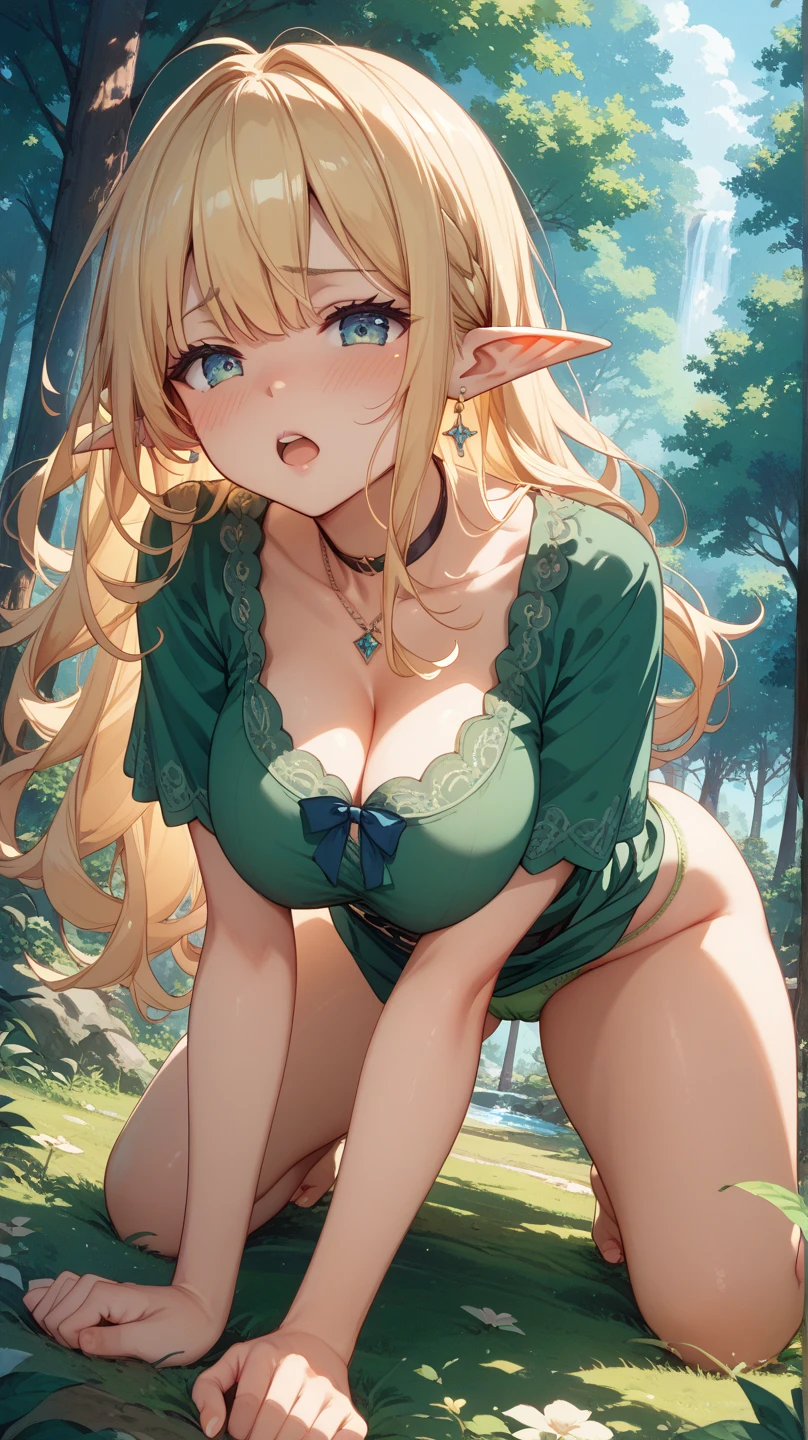Anime. 1 girl. Elf. . Slave. Blonde. Long hair. Green eyes. Beautiful eyes. Slave collar Shackles. Dirty tunic. Torn tunic. Dirty panties. Torn panties. Urinary incontinence. I need to pee. I really desperately want to pee. She pees under herself. She pees in her panties. She peed herself. Urine drips down my thighs onto the ground. Hands on crotch. He squeezes his crotch tightly. Ultra detailed. Best quality. Detailed face. Anatomically perfect body. Standing at full height. A high resolution. Pee standing.