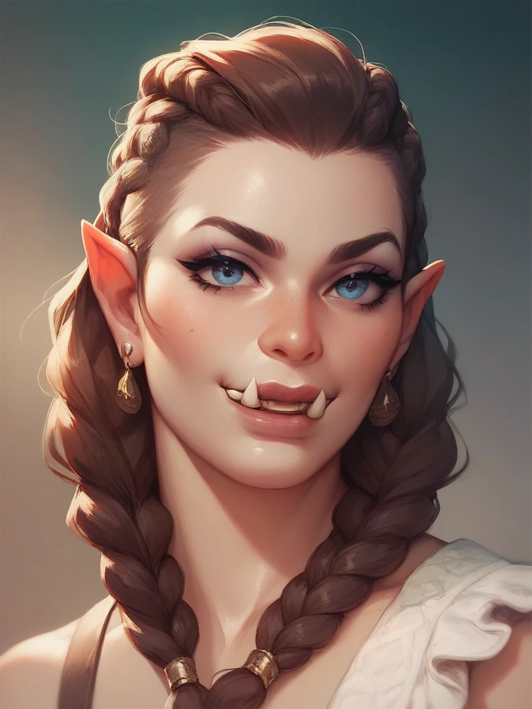 score_9, score_8_up,score_7_up, score_6_up, score_5_up, score_4_up, woman, best quality, highres, portrait, solo, beautiful, makeup, soft lips, Arya Stark, angry, large cleavage,  beautiful dress, (((simple background))), thin elf ears, 