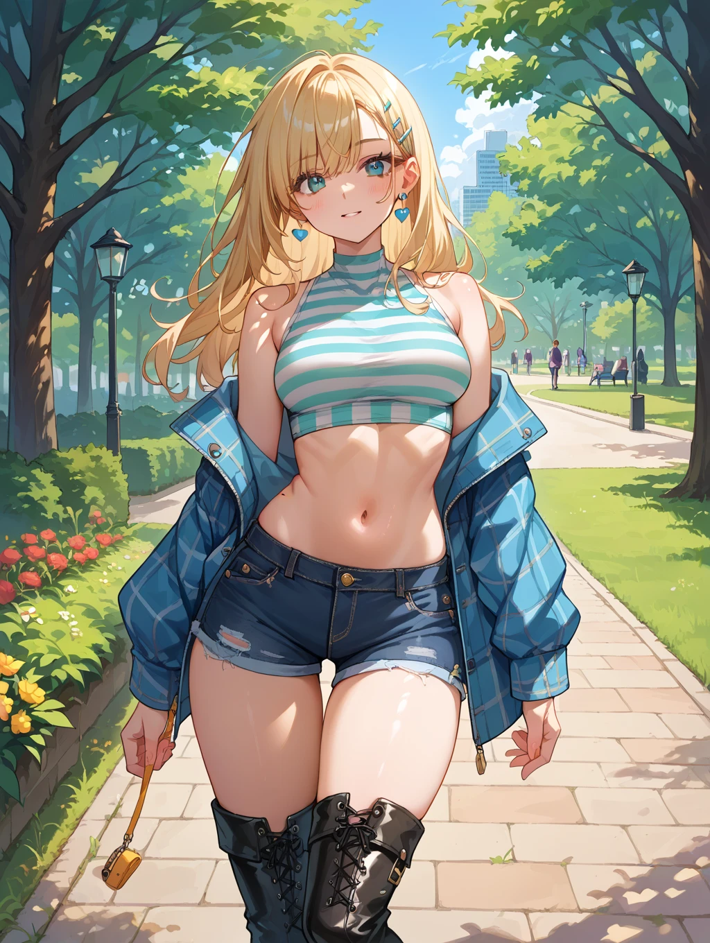 high resolution、high quality、masterpiece、detailed、Blonde、ponytail、Large white ribbon、White tank top、Open your chest wide、Big Tits、Put on your Air Force jacket、Belly button exposed、High leg jeans、Bare legs、Thick-soled boots、highway、blue sky、cumulonimbus、
