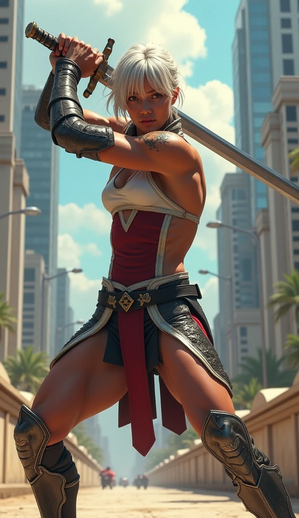 Girl with short white hair, black skin and tattoos,Transparent headscarf,Red and white sports bra,thong,transparent long skirt,,barefoot,Scimitar,desert