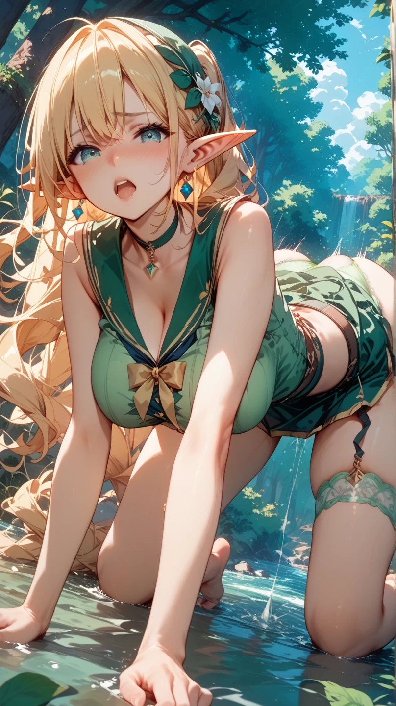 (masterpiece, Highest quality:1.2), Cowboy Shot, alone, one person, Riesz, View your viewers,, Long hair tied low, Winged Helmet,green dress, armor, shoulder armor, Bridal Gauntlet, ,(In a prison with iron bars:1.4),(The whole body is restrained with chains:1.8),(A girl gropes masts from 1.4),2girls