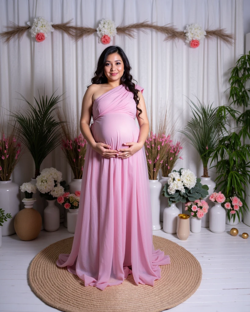 pregnant woman in a floral dress standing in front of a plant, a photorealistic painting inspired by Nazmi Ziya Güran, shutterstock, hyperrealism, pregnant belly, pregnant, pregnancy, maternity feeling, maternal photography 4 k, wearing pink floral gown, belly, her belly is fat and round, highly realistic photo, wearing pink floral chiton, traditional beauty