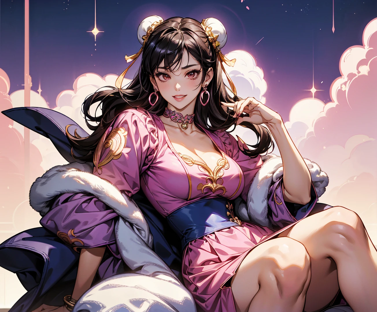 The big moon outside the window, the window screen, the art depicts a charming woman in a flowing, silky traditional oriental dress, pink, decorated with intricate patterns and bright colors. Her dress drapes elegantly over her curvy figure, accentuating her seductive silhouette. She sits gracefully under the quiet moon, bathed in the soft glow of the moonlight. The scene exudes an ethereal and dreamy atmosphere, with a touch of mystery and sexiness. The graphic style blends watercolor and digital illustration techniques to evoke a refined beauty and charm. The lights are filled with soft moonlight, casting soft highlights and shadows on her charming features. Bare thighs, big breasts, three-dimensional facial features, sitting, exposed thighs, loose long side braids