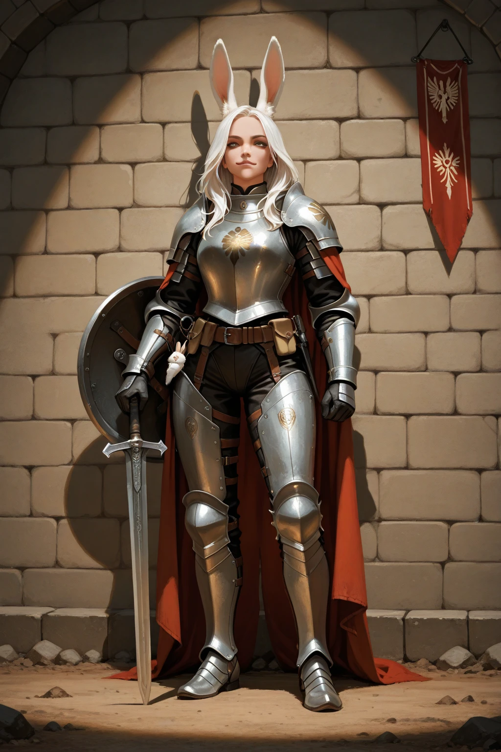 Generate a full body image of Thalindra Steelheart, an imposing guardian. Hyperrealistic art style in the style of detailed medieval paintings. Thalindra is a strong-built woman with tanned skin and silver hair braided with gold threads.. He wears heavy plate armor with an engraved scale design., bright and well maintained.
The background shows the walls of a fortified castle with blacksmiths working on weapons and armor in the background.. Sparks from the anvils float in the air, giving life to the scene.
Crucial details to include:

Facial expression of intense concentration, with eyes that reflect determination.
Each plate of the armor must be visible, with edges showing signs of use but well maintained.
The silver braid should look realistic, intertwined with fine gold threads.
defensive pose, holding a large heraldic shield.
The ground under your feet must be stone, with blacksmith tools scattered around.
Let the character appear in full body.