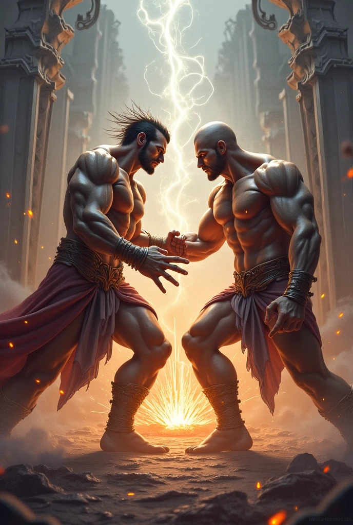 Paleolithic age god and Egyptian god creating a weapon using their cosmic powers no weapon should be visible both should male and shouldn’t be holding hands 