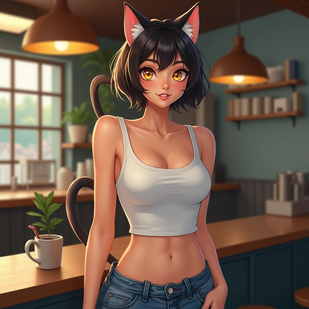 1 girl, Miqo'te Final Fantasy 14, Ninja, Dark hair, Green eyes, Tail, brown skin tone, tanned skin, cat's tail; portrait, smiling face, tribal mark, exterior scene,