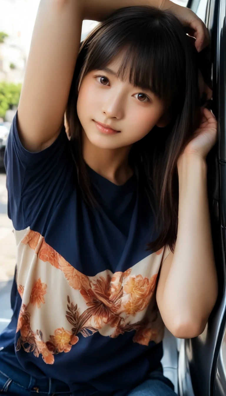 (masterpiece, Highest quality:1.3), (Super detailed:1.2),beautiful girl, young woman, Straight, shoulder-length, dark brown hair, Light bangs, フレンドリーでnatureな笑顔, Clear, glowing skin, Almond-shaped eyes, Expressive, White blouse, Abstract black pattern, The background is soft pink, Soft lighting, natureでリアルな見た目,whole body,From the bottom of the camera angle,mini skirt,Beach, Palm Tree, blue sky, White cloud, Ocean, Sandy Beach, Refreshing feeling, sunlight, tropical, nature, 風に揺れるPalm Tree,Spread your legs,Panties are white