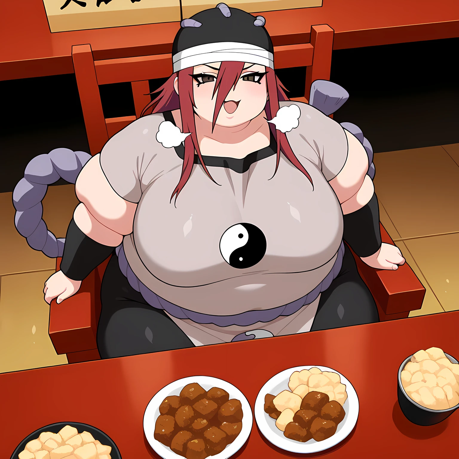 masterpiece, best quality, crsdrrm, red hair, long bangs, hair between eyes, long hair, black eyeliner, brown eyes, black hat, bandaged head, grey tunic, shimenawa, bracer, bike shorts, short sleeves, hat ornament, yin yang print, 1girl, solo, indoor,restaurant, eating food, in front of tones of food, chair, table, sitting, pov belly, from above, looking at viewer, smug, fat, chubby, obese, gigantic arms and legs, large breasts open mouth, out of breath