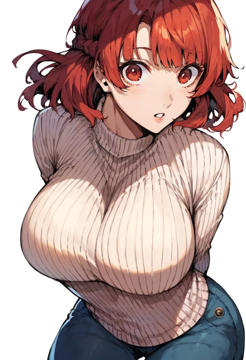 woman, curly red pixie cut hair, green eyes, wearing crop top black shirt, long black jacket, red plaid skirt, black fingerless gloves, exposed shoulders, large breasts freckles, cleavage, abs, looking at viewer, masterpiece, best quality