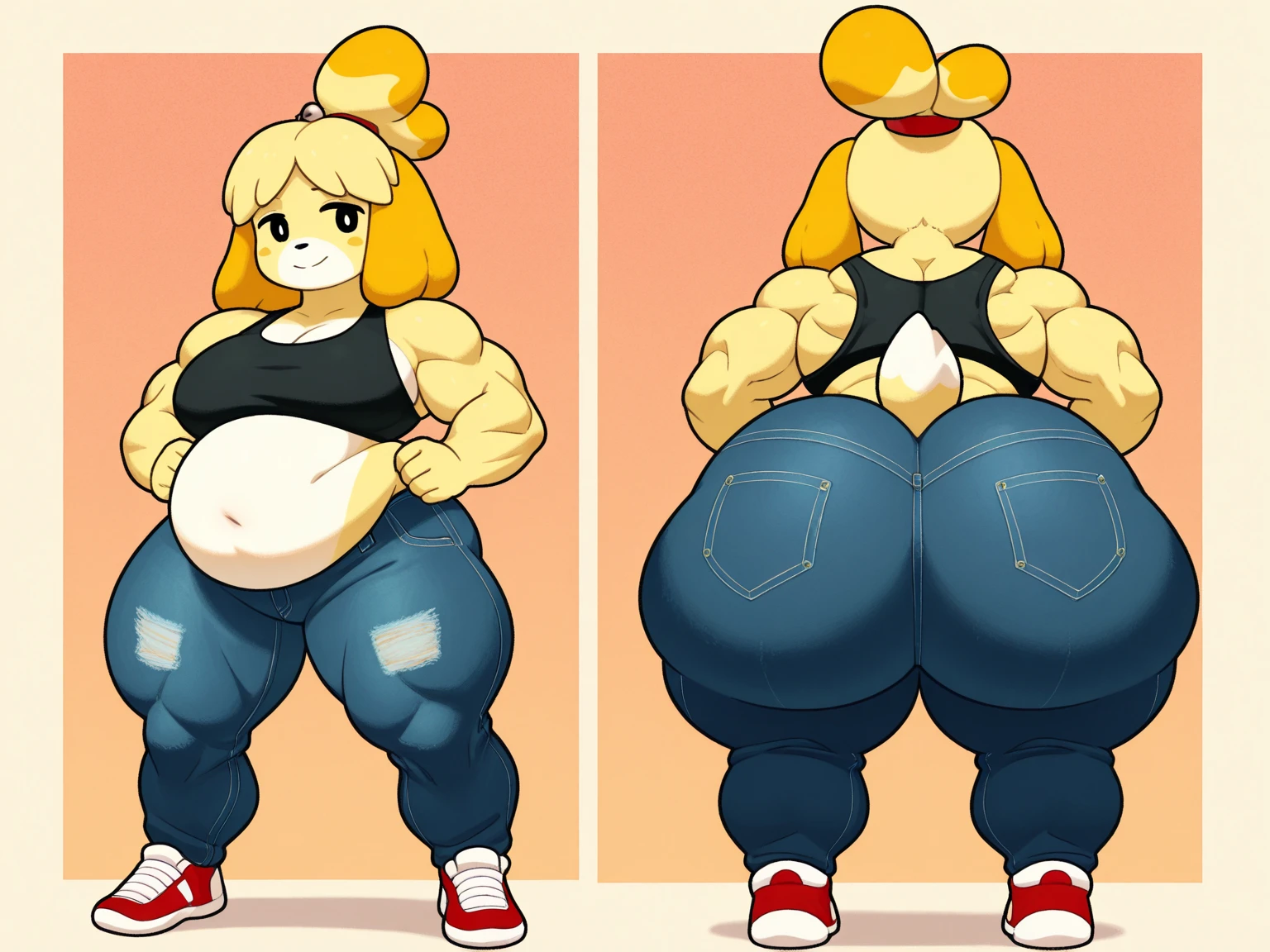 1girl, bottom-heavy figure, ((((incredibly big booty)))), ((((big ass)))), (((small chest))), plump, incredibly plump, (big belly), wide, (((obese))), (((fat))), ((love handles)), double chin, out of shape, obese, fatty, shortstack, short woman, ((milf)), small height, mature, standing, full body, bbw, ssbbw, yang xiao long, purple eyes, blonde hair, long hair, yellow bikini, high heels
