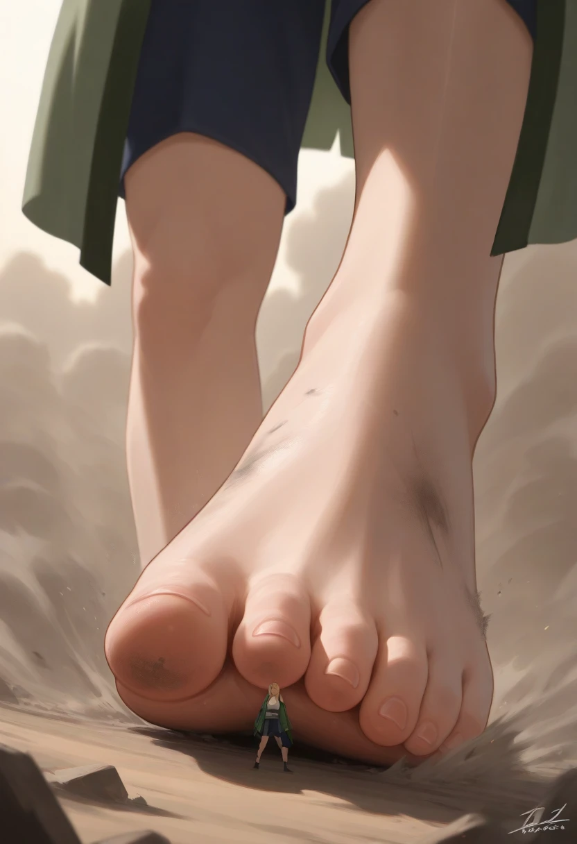 A closeup of a digital foot in a green and yellow outfit, Detailed photo near the foot, Detailed standing photo, Close-up de corpo inteiro, walk away, walk away, perfect foot, standing on a lotus, Toph, barefoot, down to earth, walk away, Giantess
