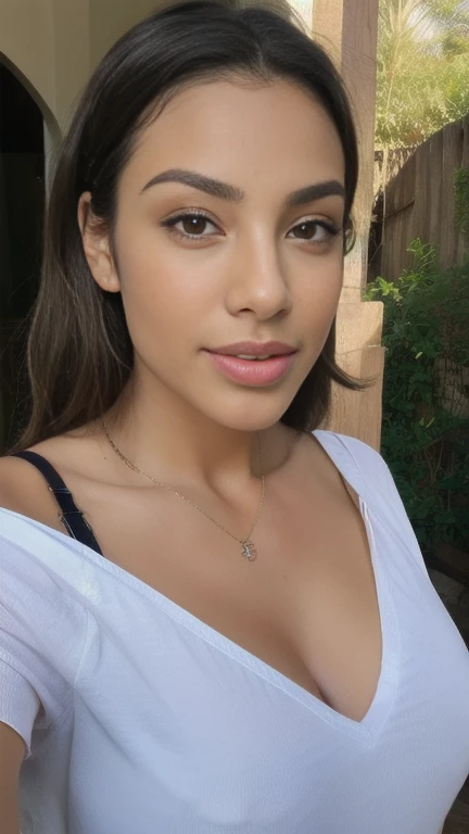 une jeune femme brune, selfie style she takes pictures of herself up close to show what she does., Crop Top Tactics Pink Clothing Fushua, tanned skin, Outside house terrace, beer madisson, selfie proche haut du corps visage