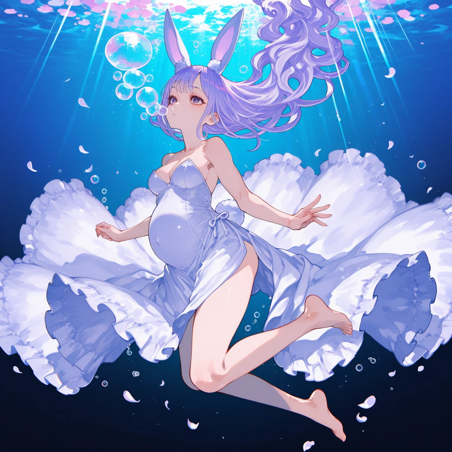 splatoon style,cute girl,white long Hair,shiny delta forehead,Bangs parted in middle of forehead,blue eyes,white battle suit,baby face,Macaron-shaped headgear,open mouth smile,thigh gap,pregnant,