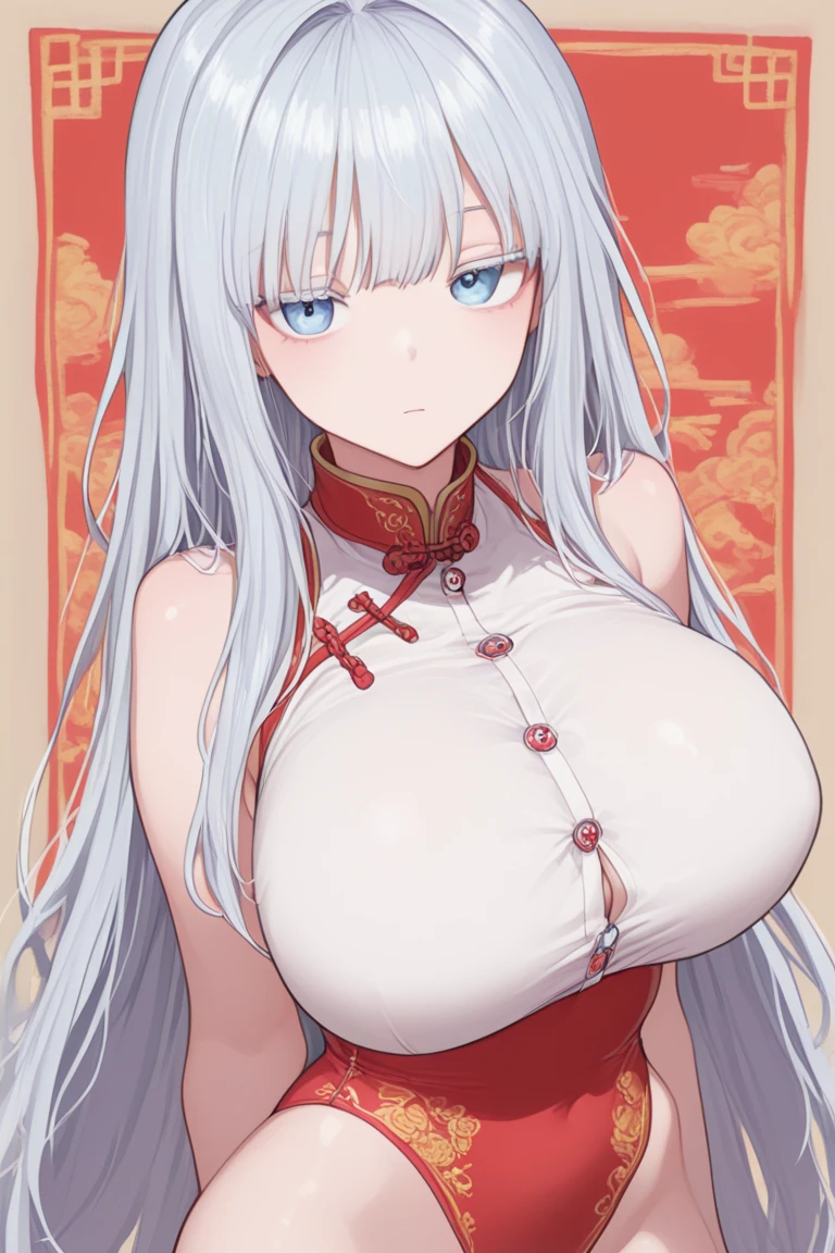 beautiful face, 1girl, wide hips, thighs, mature, red and white Chinese dress, dress, hair ornament, dragon horns, necklace, jewelry, long white hair, earrings, chinese clotheorehead), casino, background, dragon themed
