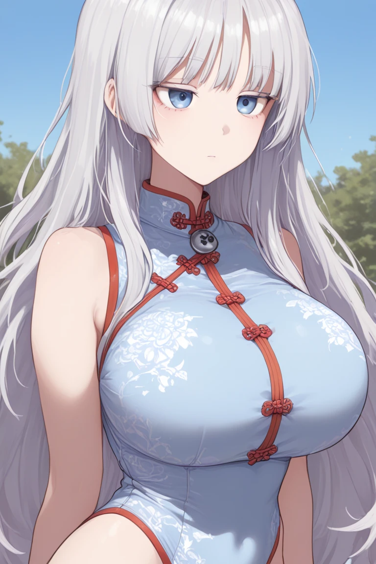 ((masterpiece、highest quality、))、girl , gray hair、Ahoge、long hair、blue eyes、Braid、big breasts、slight smile、blurry background、miko、shrine、one Tori、outside、Gravel、windy,floating hair、floating skirt、midriff peek、long skirt、garter belt、valley、positive(nude:0.5)(white bra:1.1)、negative(nipples:1.2)、nipple slip, bra pull、cum in breast、