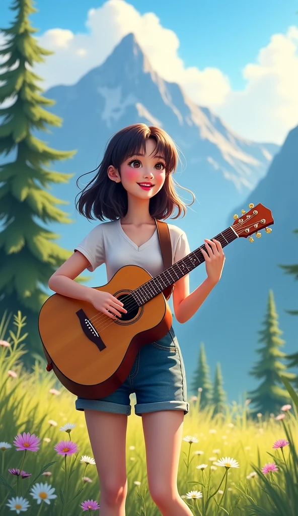 (masterpiece), (highest quality), (Super detailed), (whole body: 1.2), 1 girl, a bit, cute, smile, closed your mouth, facing forward, looking here, outdoor, play the guitar, music, have a guitar, blush labels, wood, 3, Jacket, shirt, brown hair, light brown eyes, bright eyes, (beautiful detailed face), (beautiful and detailed eyes), Blur.