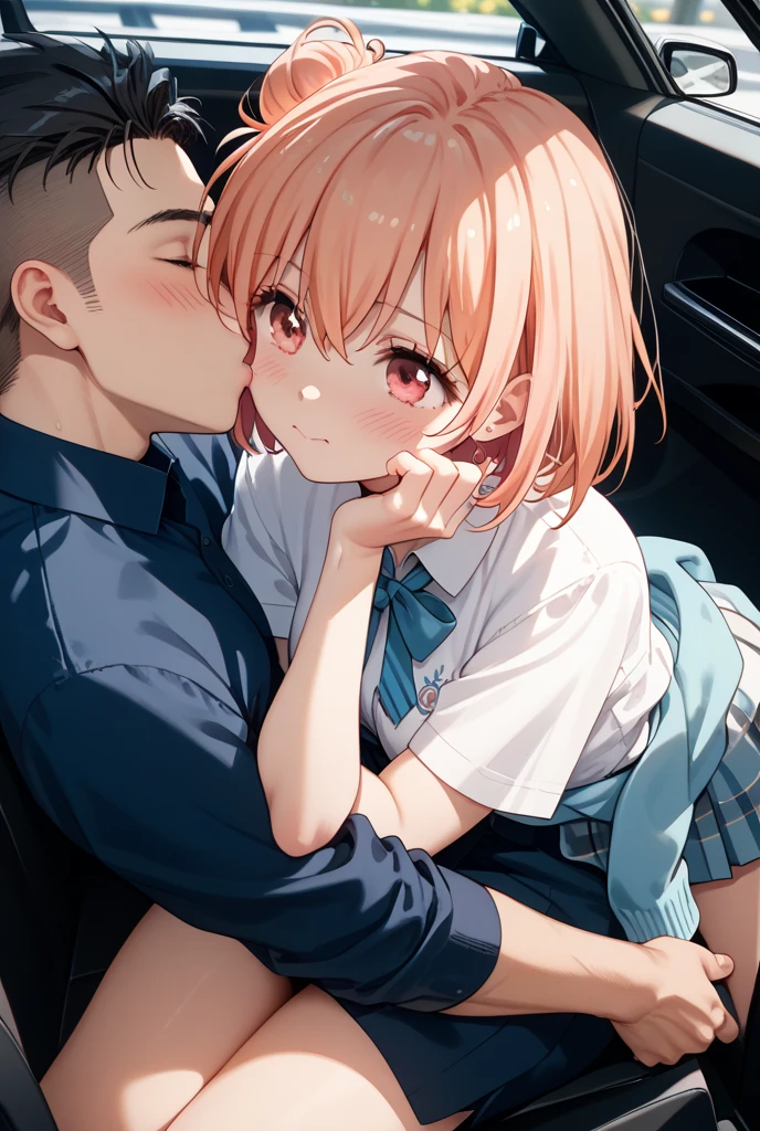 Masterpiece, best quality, super detailed, illustration, beautiful detailed eyes, close up, with a boy and a girl. It was pink hair, white pleated shirt, cracked button on the chest, skirt. The boy is black hair, black suit, black pants. Boys and girls kissing in car, heavy rain weather