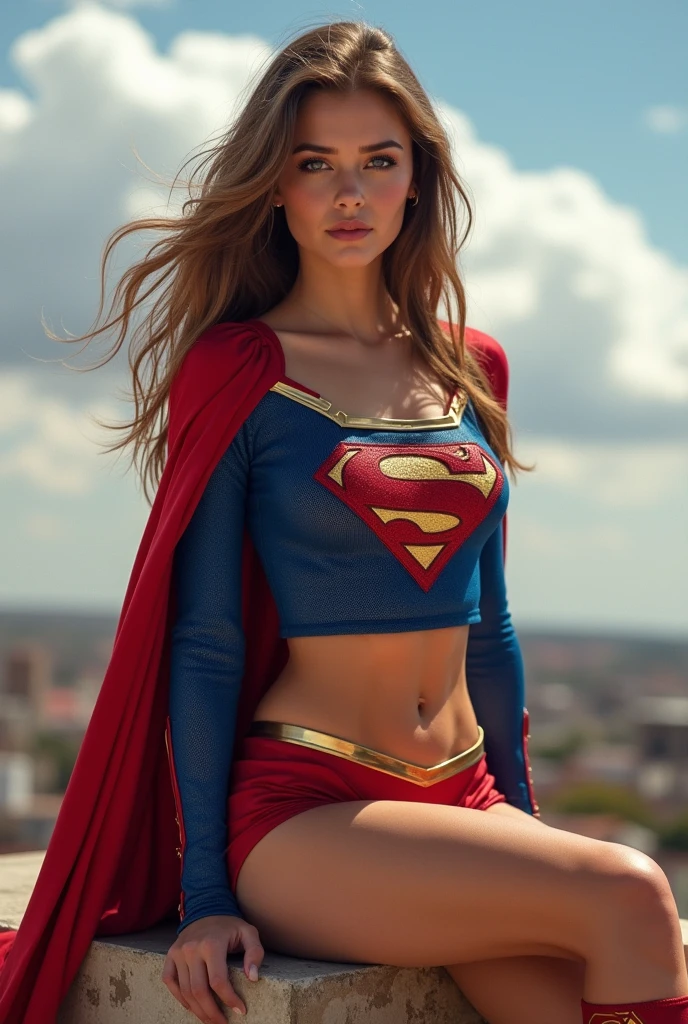 1 girl, (dressed as supergirl) beautiful supermodel, Realistic (blue eyes), (She is smiling), perfect face, split lips, (Best quality, 8k, Masterpiece: 1.3), perfect hands, clear focus: 1.2, perfect body beauty: 1.4, slim abdomen: 1.2, highly detailed face and skin texture, detailed eyes, (long blonde hair with bangs: 1.3) standing, dynamic pose, (in a city)