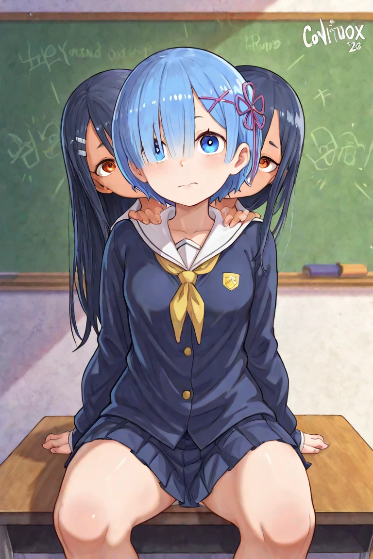 small breasted girl, short, elementary school student, blue hair, fishtail braid, blue eyes, round eyes, shy, shy, classroom, naked, short, young face, short height, peeing , has a buttock