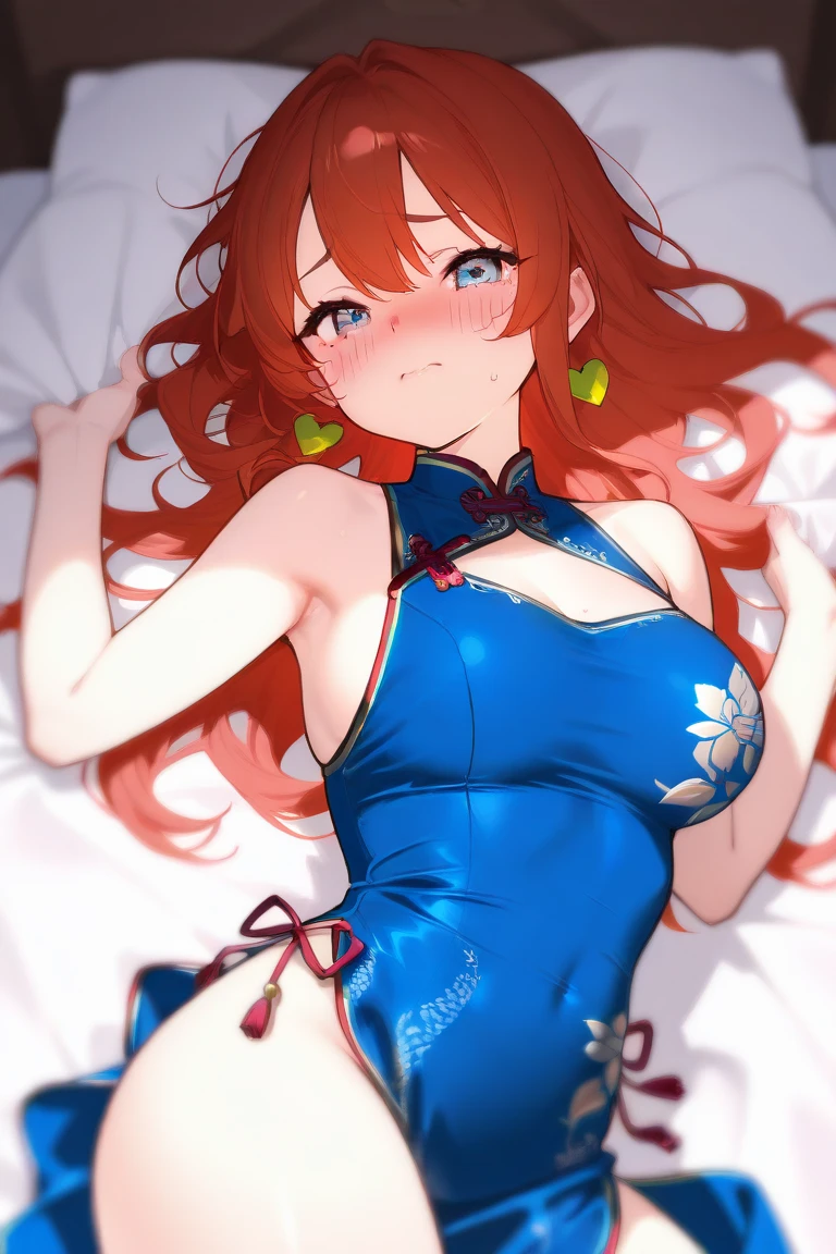 top-quality、Full limbs、complete fingers、Slender beauty、poneyTail、Medium Hair、Red hair、Beautiful Large Breasts、(Detailed ultra-oily shiny skin:1.1)、oily shiny thighhigh、Beautiful sister、Chun-Li style blue cheongsam leotard、Brown pantyhose、A big smile、Luxurious bedroom、Luxury bed、Lying on your back with your head resting on a fluffy pillow、Naughty Poses