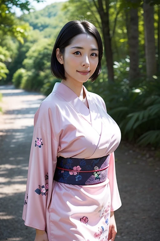 masterpiece、Highest quality、High resolution、Tabletop、wallpaper、Realistic、Bright lighting、Professional Lighting、Face Light、Smooth lighting、Japanese women、Beautiful woman、、Modeled、gravure、sexly、so beautiful、Beautiful Skin、Beautiful and exquisite、Detailed face、slim、Large Breasts、Cleavage 、short hair、Brunette colored hair、Brown eyes、Japanese Kimono、Japanese Yukata、(Eyes closed:1.5)、（Expression of enduring pain:1.5)、（Expression of enduring pain:1.5)、Park in clear weather、