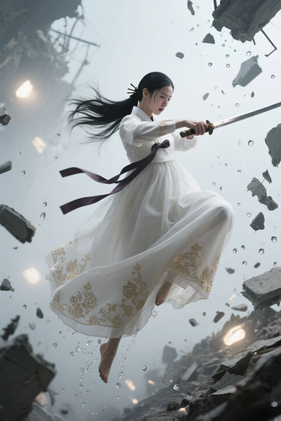 Surreal vertical image of a hunter in the air surrounded by still debris, The feeling of wielding a sword to destroy evil spirits and rise to the sky, She looks upwards, defeats and hits demons, and ascends while slashing demons with a sword with elegant martial arts movements.. The shattering objects stop around her, Time-frozen water droplets and collapsed ruins as her body twists with momentum , Long black hair is fixed with a hairpin on one side. Her body twists with exercise, A traditional Korean sword that swings in full swing and a Hanbok gown that drags back like a ribbon, The thin white hanbok gown is embroidered with traditional Korean patterns in gold on a white background., The end of Hanbok in the shape of a very thin gown is flowing like smoke, Pus from the bottom of the Hanbok top flutters for a long time, A red pacifier decoration flowing down her waist for a long time, One side of her thin Hanbok waist is swaying with a medal containing the soul of an evil spirit., A stream of light from the sky shining on her, Sweat on her innocent and elegant skin shines in the still light, Nightmare figures frozen in terror , Evil spirits with frightened expressions. Cinematic lighting from multiple soft light sources , Dynamic stillness and spatial depth emphasized 