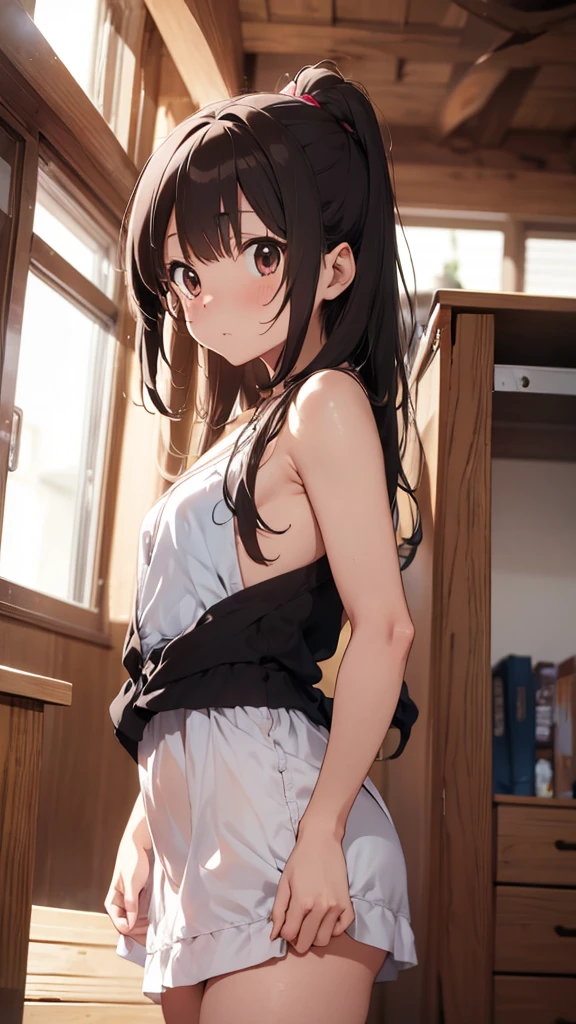 Black stockings bare chest high ponytail student