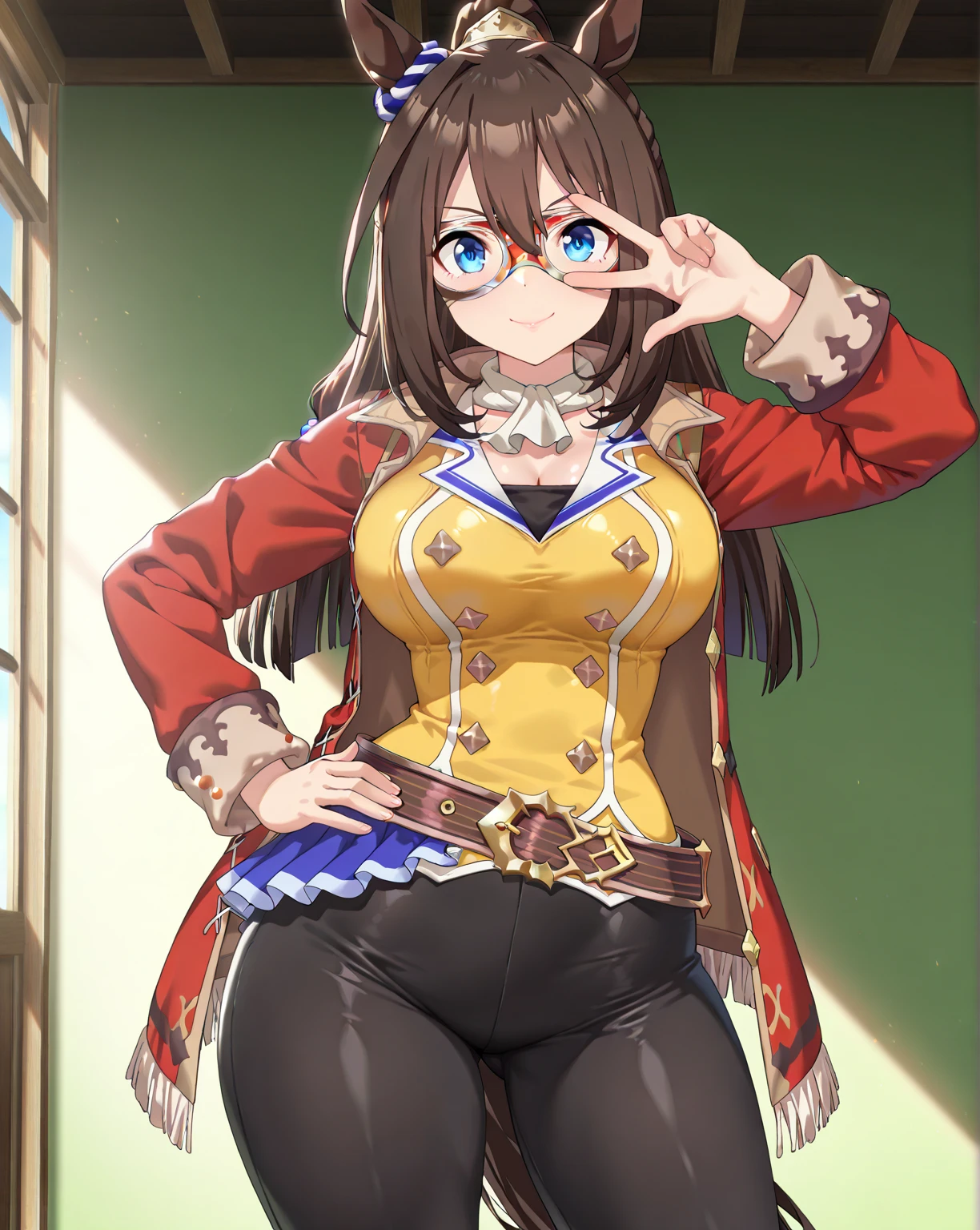 masterpiece, best quality, <lora:jihlnabaat-nvwls-v1-000009:0.9> jihl nabaat, glasses, large breasts, black dress, gothic dress, standing, looking at viewer, smile, hand up, indoors, green eyes