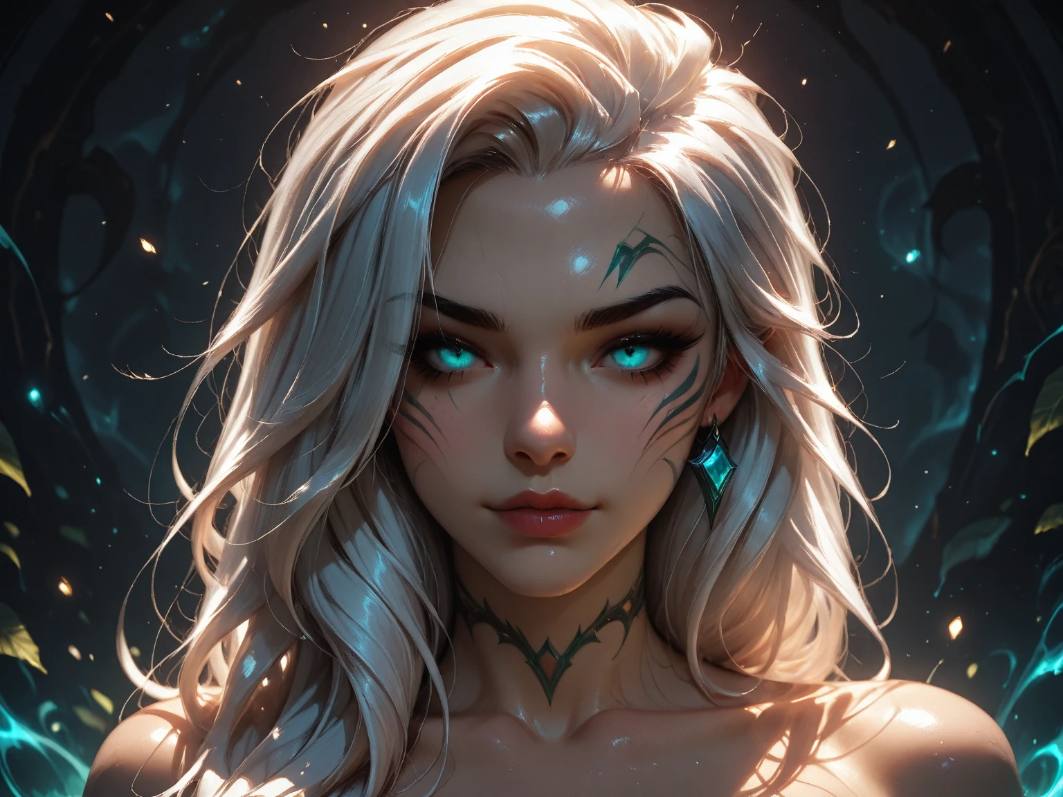 (score_9, score_8_up:1.1), score_7_up, masterpiece, best quality, highly detailed, 1girl, pale skin, (blonde hair:1.5), (glowing purple inner hair:1.5), green eyes, (white pupils:1.2), freckles, straight hair, very long hair, bangs, two color hair, COLORED EYELASHES, (blonde eyelashes:1.3), gold lingerie, looking at the viewer, bedroom eyes, glowing hair, glowing eyes, neon, dark background, contrast, cowboy shot, side view <lora:Expressive_H-000001> expressiveh <lora:g0th1cPXL:0.8> g0thicPXL <lora:Gothic Art 2 Style SDXL_LoRA_Pony Diffusion V6 XL:0.8>