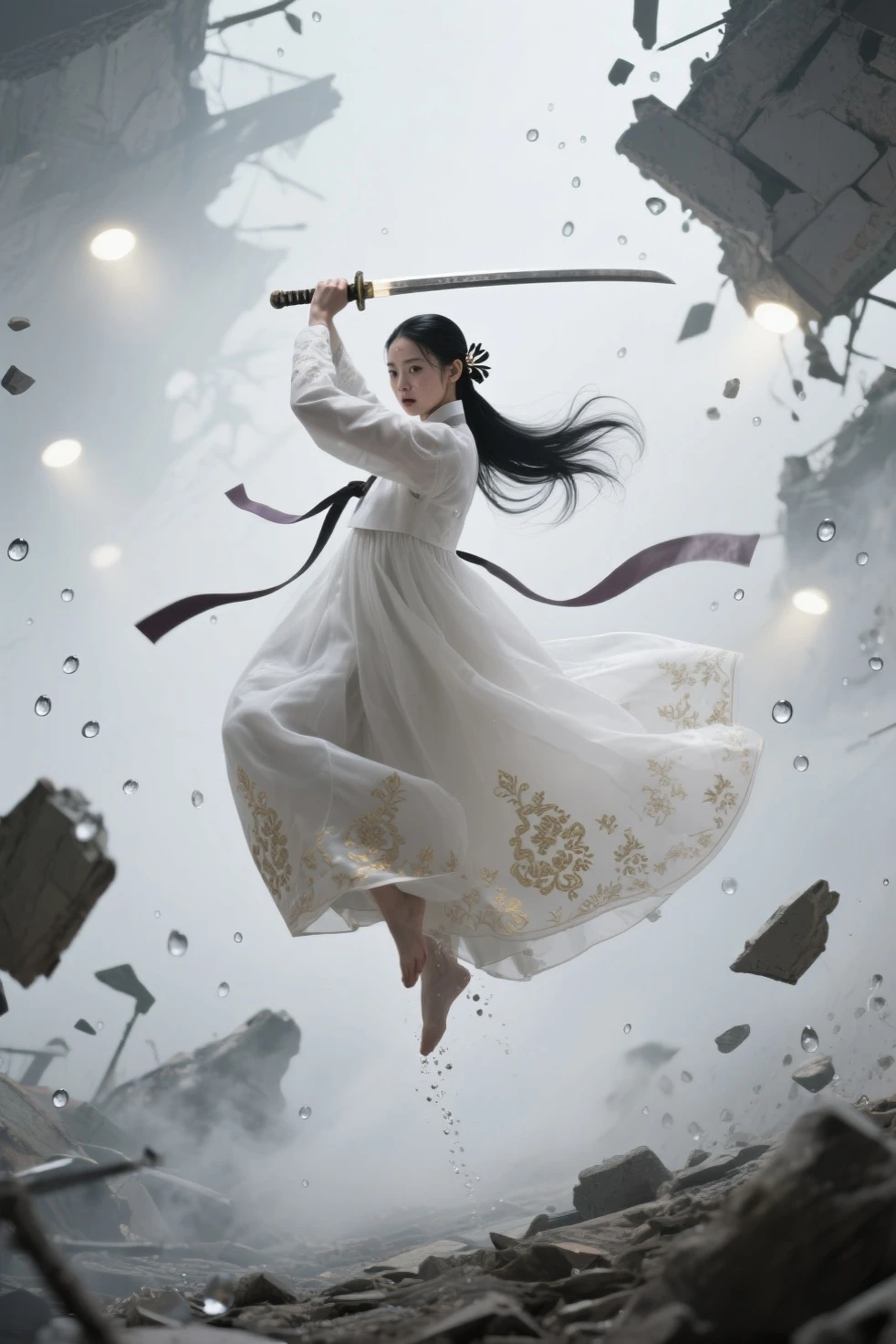 Surreal vertical image of a hunter in the air surrounded by still debris, The feeling of wielding a sword to destroy evil spirits and rise to the sky, She looks upwards, defeats and hits demons, and ascends while slashing demons with a sword with elegant martial arts movements.. The shattering objects stop around her, Time-frozen water droplets and collapsed ruins as her body twists with momentum , Long black hair is fixed with a hairpin on one side. Her body twists with exercise, A traditional Korean sword that swings in full swing and a Hanbok gown that drags back like a ribbon, The thin white hanbok gown is embroidered with traditional Korean patterns in gold on a white background., The end of Hanbok in the shape of a very thin gown is flowing like smoke, Pus from the bottom of the Hanbok top flutters for a long time, A red pacifier decoration flowing down her waist for a long time, One side of her thin Hanbok waist is swaying with a medal containing the soul of an evil spirit., A stream of light from the sky shining on her, Sweat on her innocent and elegant skin shines in the still light, Nightmare figures frozen in terror , Evil spirits with frightened expressions. Cinematic lighting from multiple soft light sources , Dynamic stillness and spatial depth emphasized 