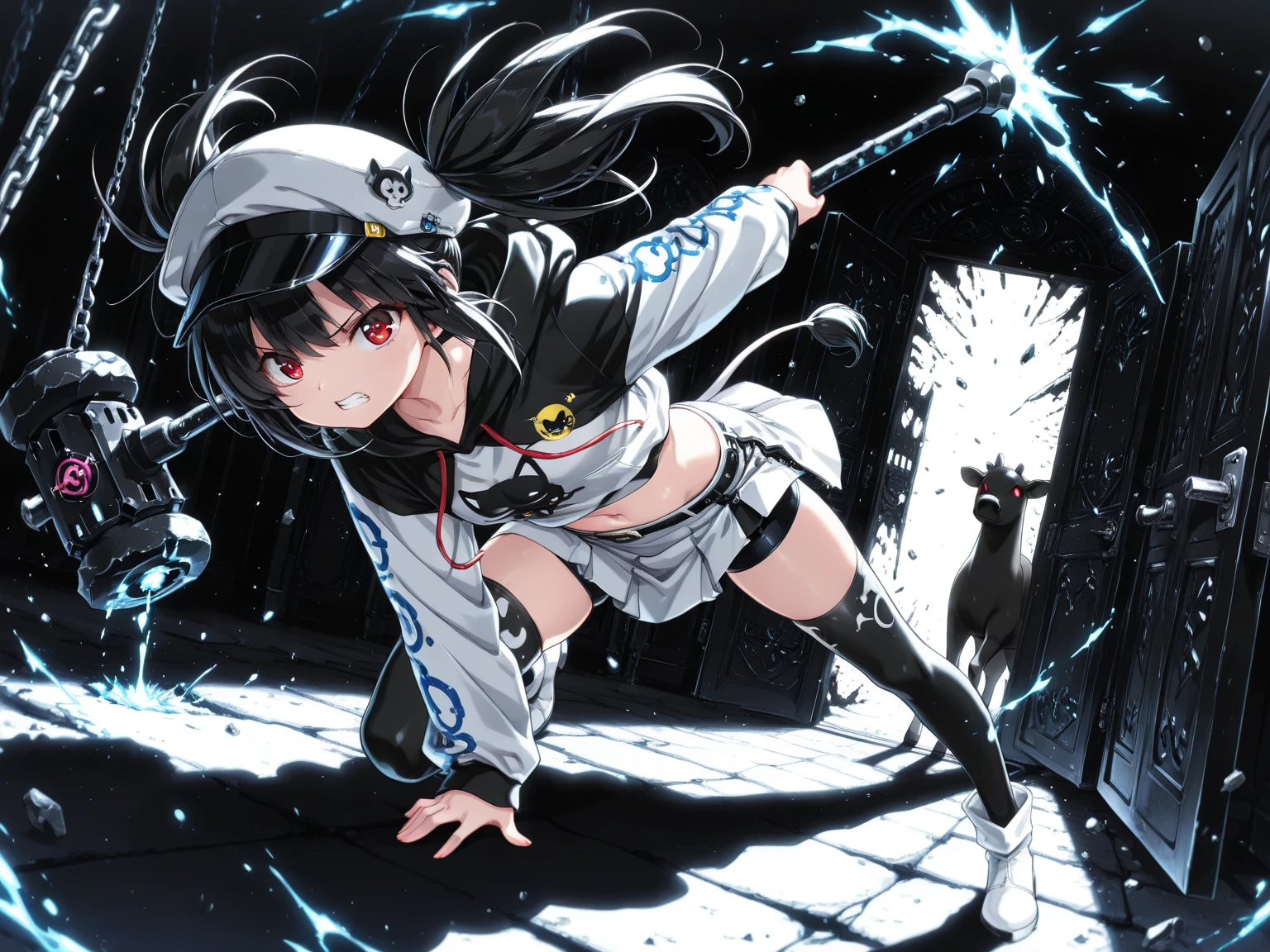  (masterpiece, best quality, amazing quality, hyper-detailed, absurd, very aesthetic, beautiful shadow, high resolution, vivid color), 
(nightmare world, black & blue background, Many doors, sealed with chains door), 
(1girl, full body, holding giant hammer:1.3, huge weapon, Animal tapir mark:1.3, Tapir-shaped hammer, swinging the hammer, (dynamic pose, dynamic angle, incoming_attack), BREAK, black twintails, white newsboy cap, BREAK two-tone_hoodie, BREAK cropped white shirt, navel, white skirt, half-long black bike_shorts, black & white two-tone_thighhighs), BREAK 
(naughty_face, teeth, looking at viewer), BREAK 

