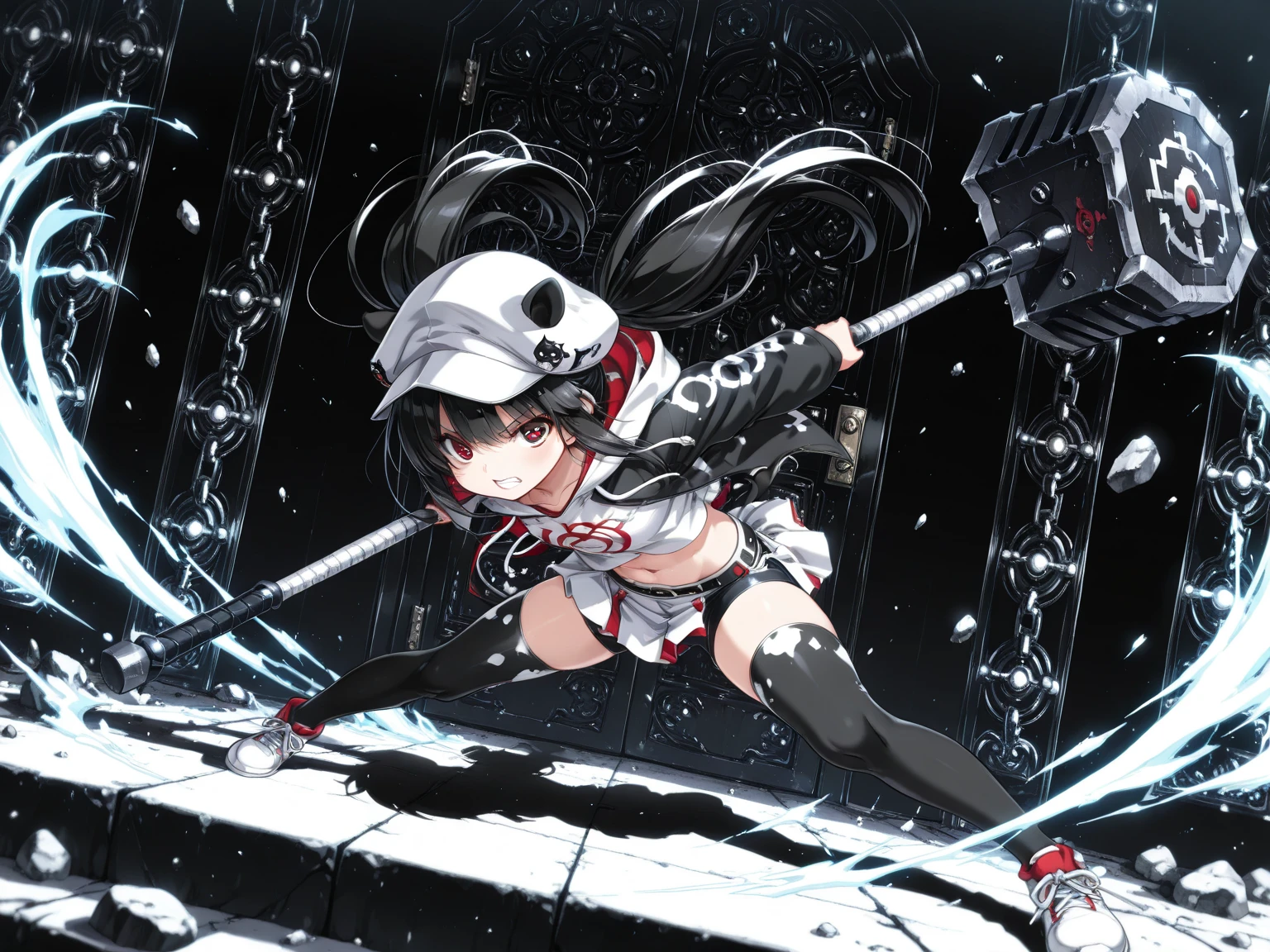  (masterpiece, best quality, amazing quality, hyper-detailed, absurd, very aesthetic, beautiful shadow, high resolution, vivid color), 
(nightmare world, black & blue background, Many doors, sealed with chains door), 
(1girl, full body, holding giant hammer:1.3, huge weapon, Animal tapir mark:1.3, Tapir-shaped hammer, swinging the hammer, (dynamic pose, dynamic angle, incoming_attack), BREAK, black twintails, white newsboy cap, BREAK two-tone_hoodie, BREAK cropped white shirt, navel, white skirt, half-long black bike_shorts, black & white two-tone_thighhighs), BREAK 
(naughty_face, teeth, looking at viewer), BREAK 

