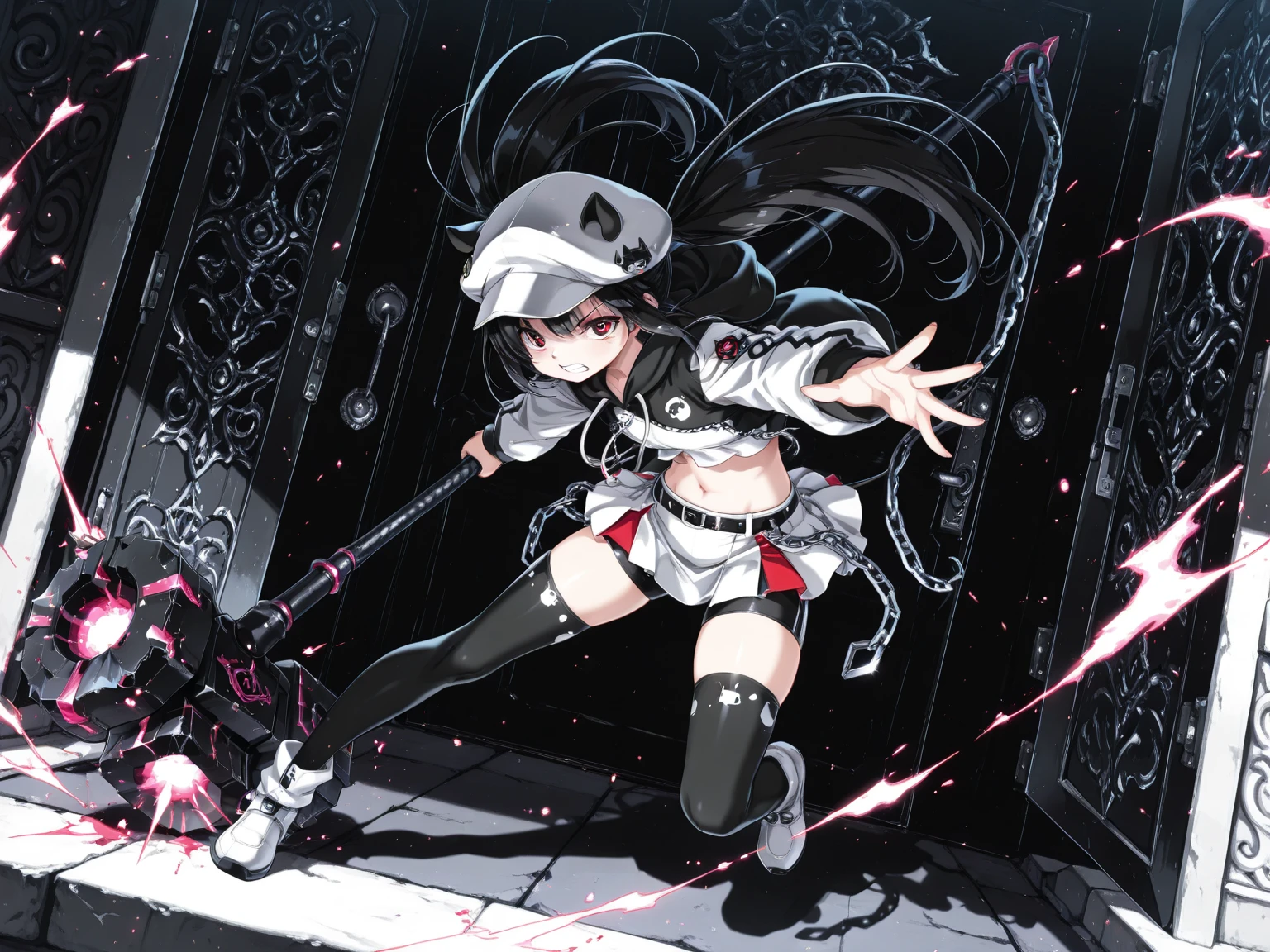  (masterpiece, best quality, amazing quality, hyper-detailed, absurd, very aesthetic, beautiful shadow, high resolution, vivid color), 
(nightmare world, black & blue background, Many doors, sealed with chains door), 
(1girl, full body, holding giant hammer:1.3, huge weapon, Animal tapir mark:1.3, Tapir-shaped hammer, swinging the hammer, (dynamic pose, dynamic angle, incoming_attack), BREAK, black twintails, white newsboy cap, BREAK two-tone_hoodie, BREAK cropped white shirt, navel, white skirt, half-long black bike_shorts, black & white two-tone_thighhighs), BREAK 
(naughty_face, teeth, looking at viewer), BREAK 

