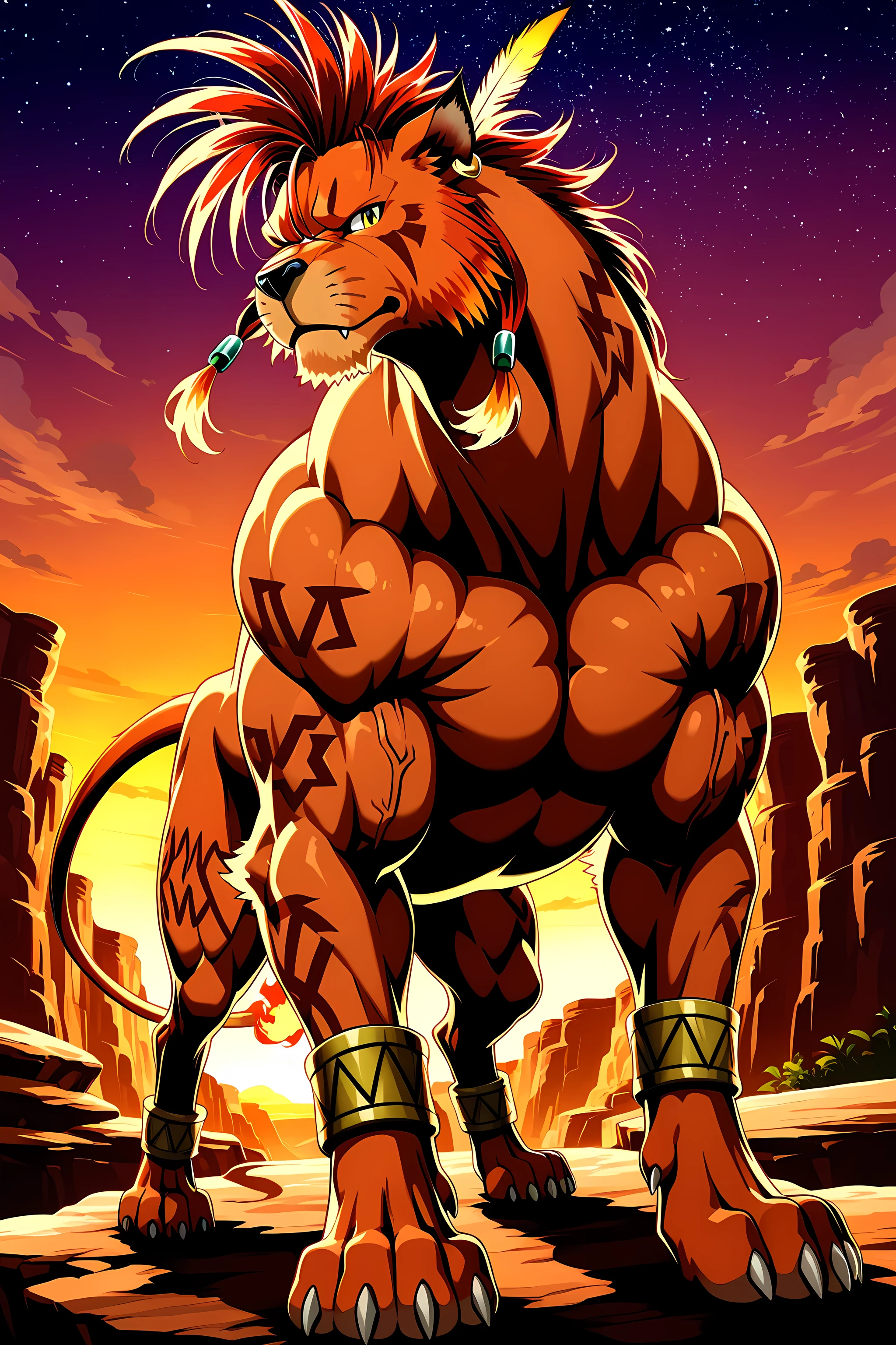 nanaki, red xiii, ((very muscular feral)), (feral), male, solo, dog, paws, cel shaded, ((muscular, pectorals, buff)), (big body), (muscular forelegs, muscular hindlegs, muscular legs), simple background, low-angle shot, posing on boulders, sunset background, canyon, starry sky, full body, looking at viewer, long neck, muscular neck, hyper muscular feral