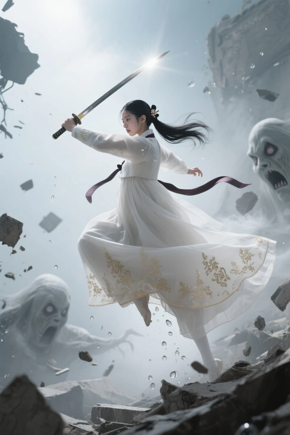 Surreal vertical image of a hunter in the air surrounded by still debris, The feeling of wielding a sword to destroy evil spirits and rise to the sky, She looks upwards, defeats and hits demons, and ascends while slashing demons with a sword with elegant martial arts movements.. The shattering objects stop around her, Time-frozen water droplets and collapsed ruins as her body twists with momentum , Long black hair is fixed with a hairpin on one side. Her body twists with exercise, A traditional Korean sword that swings in full swing and a Hanbok gown that drags back like a ribbon, The thin white hanbok gown is embroidered with traditional Korean patterns in gold on a white background., The end of Hanbok in the shape of a very thin gown is flowing like smoke, Pus from the bottom of the Hanbok top flutters for a long time, A red pacifier decoration flowing down her waist for a long time, One side of her thin Hanbok waist is swaying with a medal containing the soul of an evil spirit., A stream of light from the sky shining on her, Sweat on her innocent and elegant skin shines in the still light, Nightmare figures frozen in terror , Evil spirits with frightened expressions. Cinematic lighting from multiple soft light sources , Dynamic stillness and spatial depth emphasized 