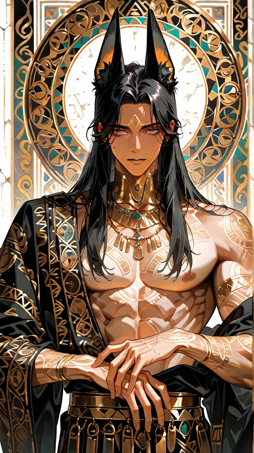 Dark skin, no top, young man, 1boy, male, manly, Prince of Persia, leaky waist, jewelry, brilliant, long curly hair, black hair, dark skin, emerald eyes, gold waist chain, arm ring, thin waist, bare legs, bare feet, anklet, bracelet, ring, dynamic pose, dramatic composition, carpet, wounded, battle damage, bleeding from the corners of the mouth, kneeling, carpet, iron chain, collar, cage, open mouth, blush, tears, gasping