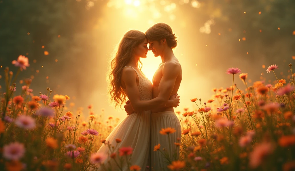 Orpheus and Eurydice embrace in the middle of a glowing field - SeaArt AI
